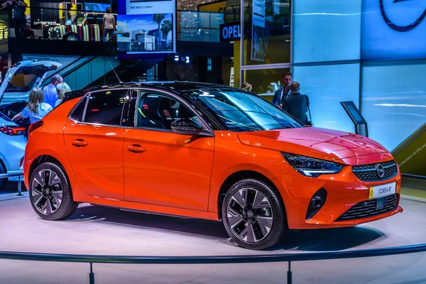 FRANKFURT, GERMANY - SEPT 2019: red OPEL CORSA-E small electric hatchback, IAA International Motor Show Auto Exhibtion — Stock Photo, Image