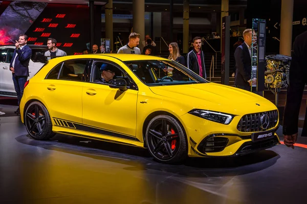 FRANKFURT, GERMANY - SEPT 2019: yellow MERCEDES-BENZ AMG A 35 4MATIC W177 hatchback, IAA International Motor Show Auto Exhibtion — Stock Photo, Image