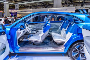 FRANKFURT, GERMANY - SEPT 2019: white interior of blue Great Wall Motors WEY-S Concept electric SUV Car, IAA International Motor Show Auto Exhibtion