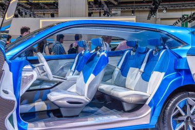 FRANKFURT, GERMANY - SEPT 2019: white interior of blue Great Wall Motors WEY-S Concept electric SUV Car, IAA International Motor Show Auto Exhibtion
