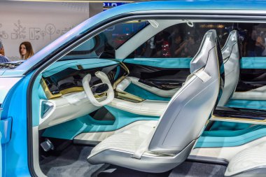 FRANKFURT, GERMANY - SEPT 2019: white interior of sky blue Great Wall Motors WEY-X Concept electric SUV Car, IAA International Motor Show Auto Exhibtion