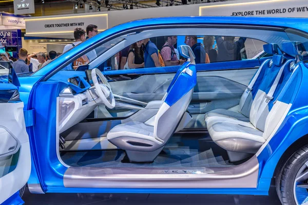 FRANKFURT, GERMANY - SEPT 2019: white interior of blue Great Wall Motors WEY-S Concept electric SUV Car, IAA International Motor Show Auto Exhibtion — Stock Photo, Image