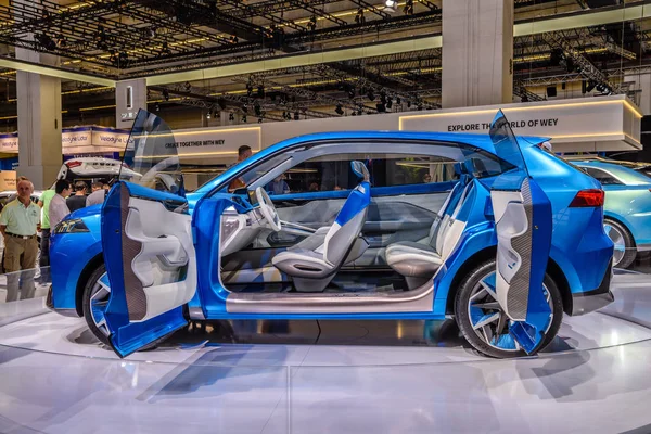 FRANKFURT, GERMANY - SEPT 2019: white interior of blue Great Wall Motors WEY-S Concept electric SUV Car, IAA International Motor Show Auto Exhibtion — Stock Photo, Image