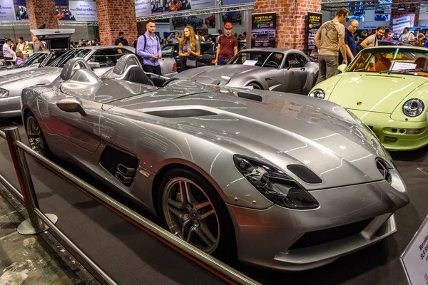 FRANKFURT, GERMANY - SEPT 2019: silver gray MERCEDES-BENZ McLaren STIRLING MOSS sport coupe 2009, IAA International Motor Show Auto Exhibtion — Stock Photo, Image