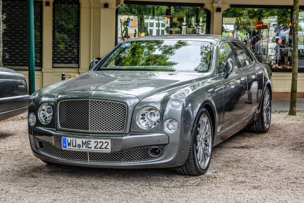 BADEN BADEN, GERMANY - JULY 2019: silver gray BENTLEY MULSANNE 2010, oldtimer meeting in Kurpark