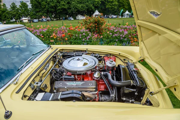 Baden Baden, Germany - July 2019: Motor of light yellow white Ford Thunderbird 1 세대 Cabrio Roadster 1955, oldtimer meeting in kurpark — 스톡 사진