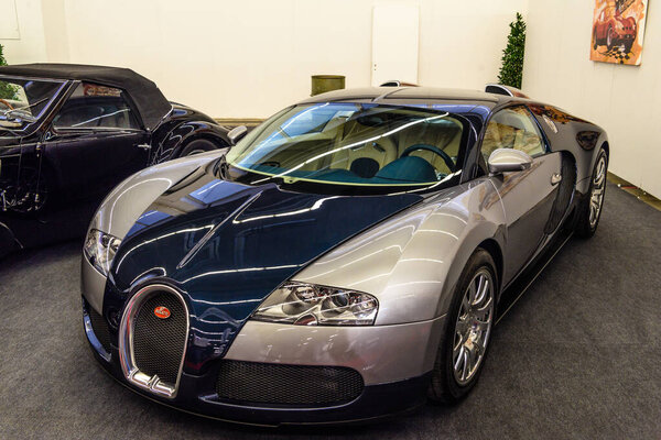 FRANKFURT, GERMANY - SEPT 2019: silver gray dark blue BUGATTI VE