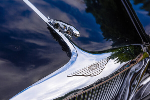 BADEN BADEN, GERMANY - JULY 2019: logo symbol sign emblem of black JAGUAR MARK X 420G 1961 1970 sedan limousine, oldtimer meeting in Kurpark