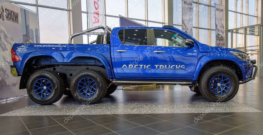 Kuzbass, Russia - December 15, 2017: Toyota Hilux Arctic Trucks in dealership Toyota in Kuzbass