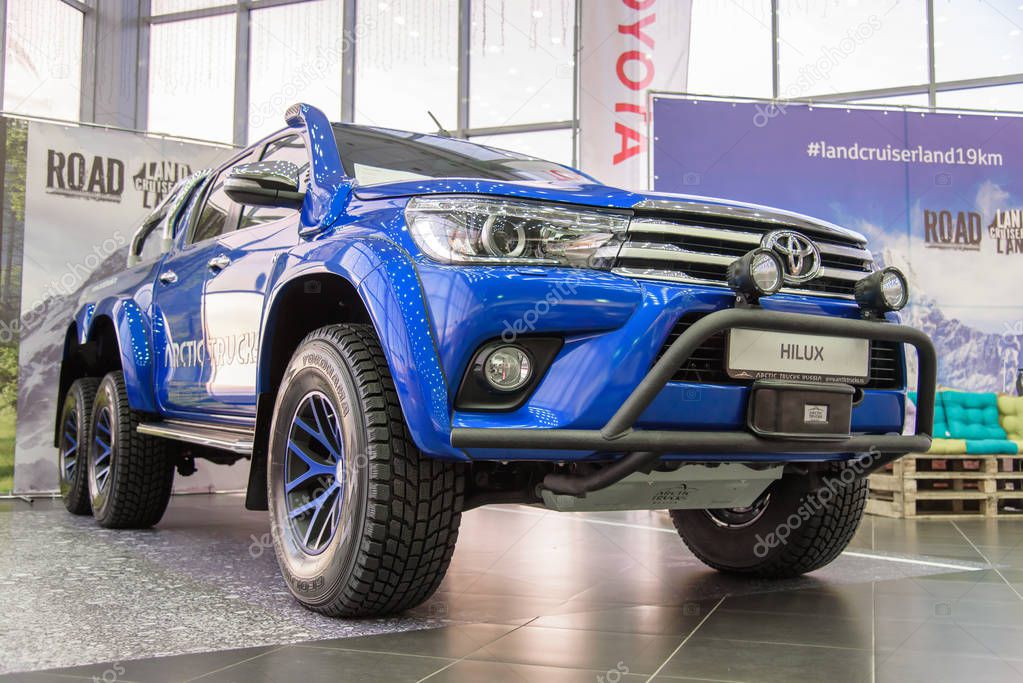 Kuzbass, Russia - December 15, 2017: Toyota Hilux Arctic Trucks in dealership Toyota in Kuzbass