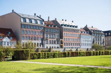 Kopenhag, Danimarka güzel yeşil çim çalılar ile ve eski evler 