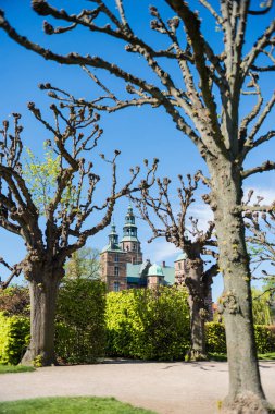 park with bare trees and green bushes near Rosenborg castle in Copenhagen, Denmark clipart