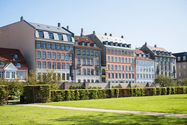 Прекрасної зелену галявину з чагарників і старих будинків в Копенгагені, Данія — стокове фото