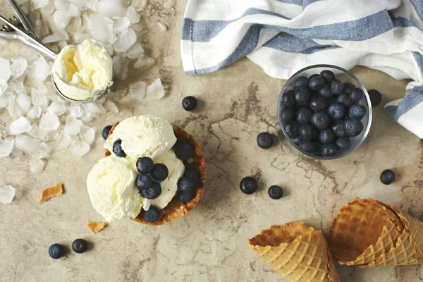 Vanilla Ice Cream Fresh Blueberries Top View — Stock Photo, Image