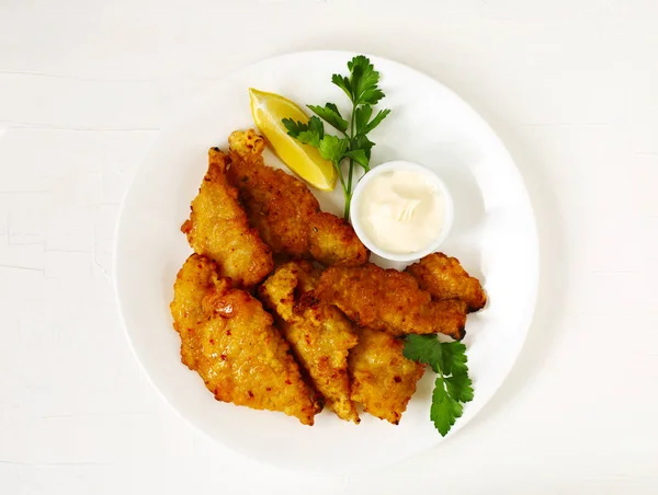 Golden Batter Deep Fried Fish Fillets Served White Plate Sauce — Stock Photo, Image