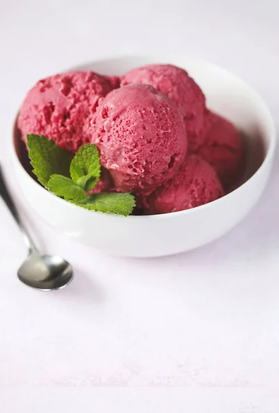 Raspberry Ice Cream White Bowl — Stock Photo, Image