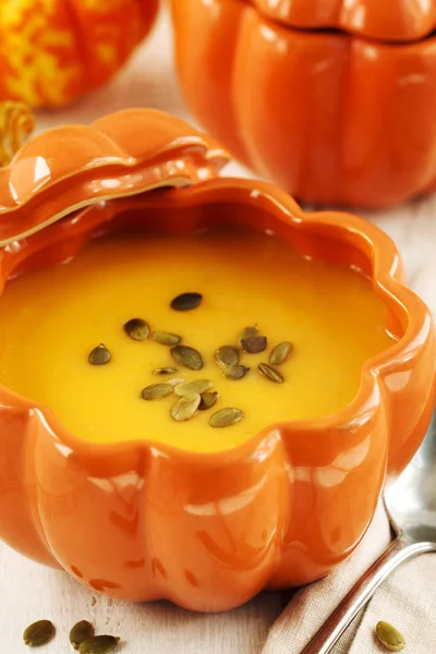 Pumpkin Soup Selective Focus Soup Bowl — Stock Photo, Image