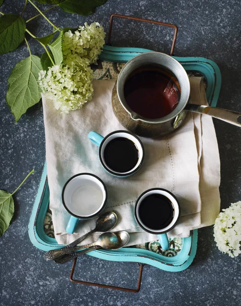 Tazze Caffè Rame Cerve Vassoio Vista Dall Alto — Foto Stock