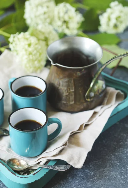 Kopjes Koffie Koperen Cerve Dienblad — Stockfoto