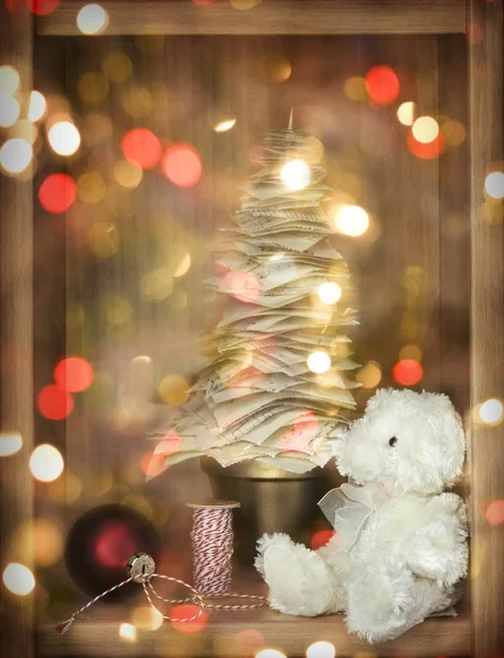 Christmas decor on wooden shelf. Still life interior details