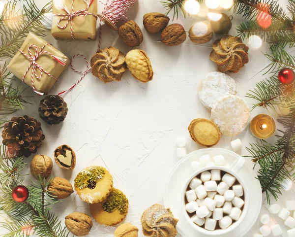 Šálek Čokoláda Různé Soubory Cookie Linzer Cookies Pečiva Ořechů Cookie — Stock fotografie