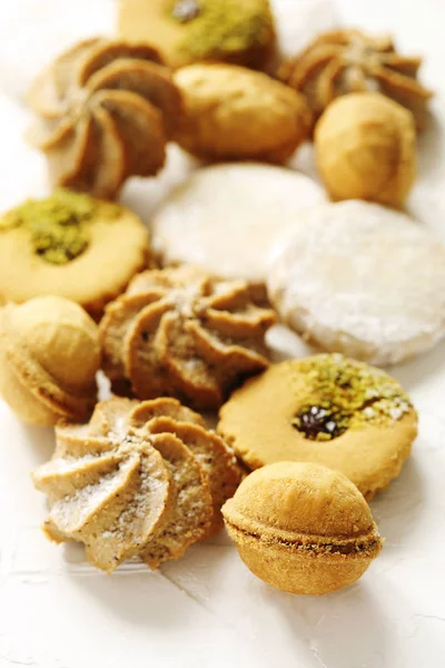 Koekjes Assorti Linzer Cookies Zandkoek Noten Cookie Oranje Amandel Biscuits — Stockfoto