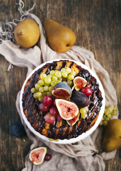Chocolate Coffee Cake Decorated Fresh Fruits — Stock Photo, Image