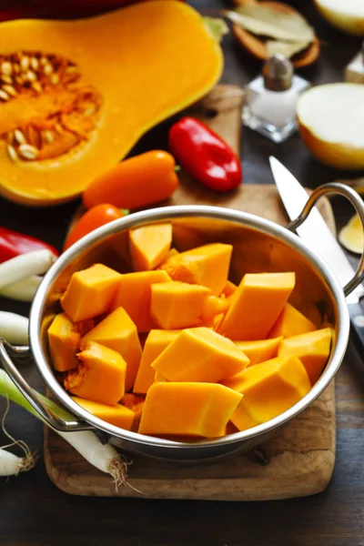 Preparing Pumpkin Onions Sweet Peppers Cooking — Stock Photo, Image