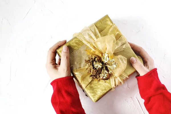 Girl Hands Holding Present Christmas Top View — Stock Photo, Image