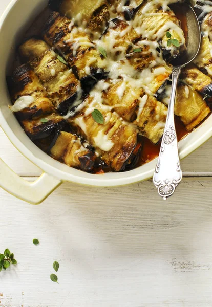 Baked Eggplants Tomato Sauce Herbs White Bowl Top View — Stock Photo, Image