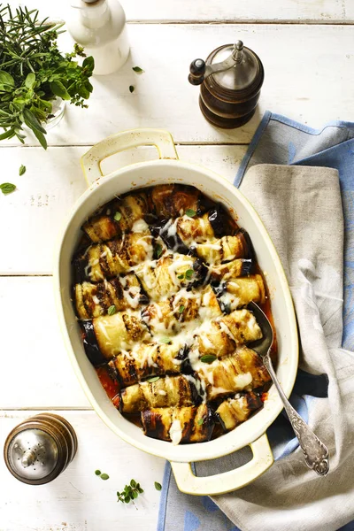 Baked Eggplants Tomato Sauce Herbs White Bowl Top View — Stock Photo, Image