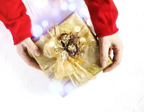 Girl Hands Holding Present Christmas Top View Winter Holiday Concept — Stock Photo, Image