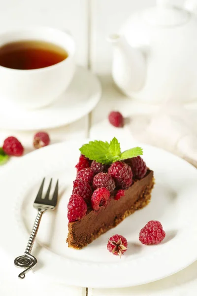 Chocolate Cake Fresh Raspberry White Plate Tea Cup — Stock Photo, Image