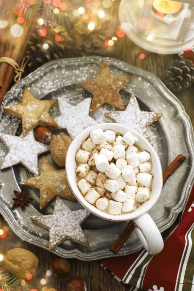 Chocolates Quentes Com Marshmallows Biscoitos Natal — Fotografia de Stock