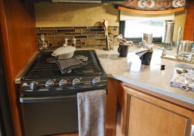 Toronto, Ontario, Canada - 3 july 2015: Camping van interior cabin. RV kitchen interior