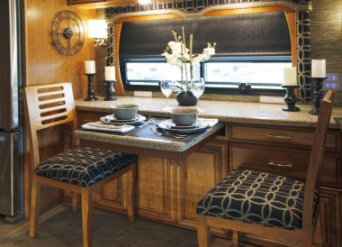 Toronto, Ontario, Canada - 3 july 2015: Camping van interior cabin. RV kitchen interior