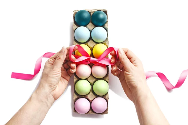 Easter Eggs Decoration White Background Woman Hands Decorating Ribbon Box — Stock Photo, Image
