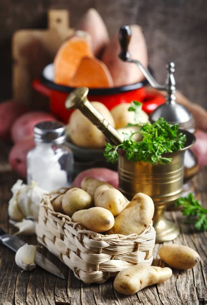 Vielfalt an rohen, ungekochten Bio-Kartoffeln: rot, weiß, süß und — Stockfoto