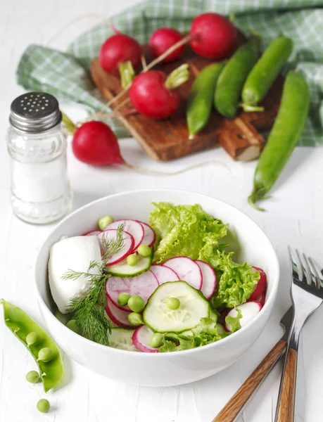 Turp, salatalık ve yeşil bezelye ile Bahar sebze salatası — Stok fotoğraf