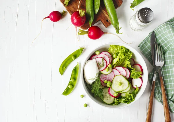 Ensalada de verduras de primavera con rábano, pepino y guisantes verdes, top — Foto de Stock