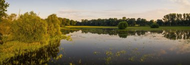 Yazın gün doğumunda sel basmış çayırlarda panoramik manzara