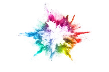 Soyut barut sıçramış arka plan. Beyaz arka planda renkli barut patlaması. Renkli bulut. Renkli toz patlar. Boya Holi.