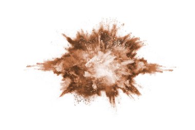 Beyaz arka planda kahverengi renkli toz patlaması. Renkli bulut. Renkli toz patlar. Boya Holi.
