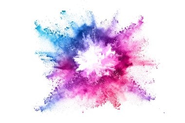 Soyut barut sıçramış arka plan. Beyaz arka planda renkli barut patlaması. Renkli bulut. Renkli toz patlar. Boya Holi.