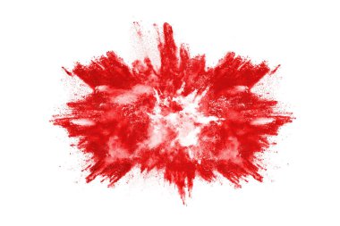 Beyaz arka planda izole edilmiş kırmızı barutun patlaması hareketsiz. Kırmızı toz bulutunun soyut tasarımı. Parçacık patlaması ekran koruyucusu, duvar kağıdı