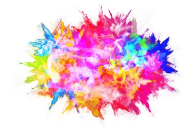 Soyut barut sıçramış arka plan. Beyaz arka planda renkli barut patlaması. Renkli bulut. Renkli toz patlar. Boya Holi.