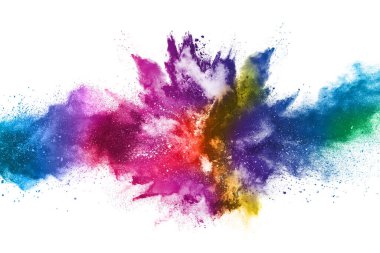 Soyut barut sıçramış arka plan. Beyaz arka planda renkli barut patlaması. Renkli bulut. Renkli toz patlar. Boya Holi.