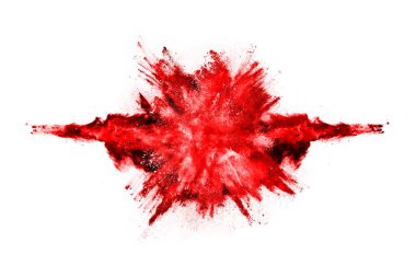 Beyaz arka planda izole edilmiş kırmızı barutun patlaması hareketsiz. Kırmızı toz bulutunun soyut tasarımı. Parçacık patlaması ekran koruyucusu, duvar kağıdı