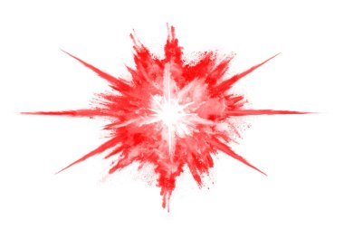 Beyaz arka planda izole edilmiş kırmızı barutun patlaması hareketsiz. Kırmızı toz bulutunun soyut tasarımı. Parçacık patlaması ekran koruyucusu, duvar kağıdı