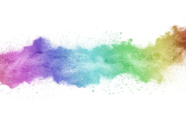 Soyut barut sıçramış arka plan. Beyaz arka planda renkli barut patlaması. Renkli bulut. Renkli toz patlar. Boya Holi.